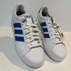 adidas White Sneakers with Blue Three-Stripes - NWT